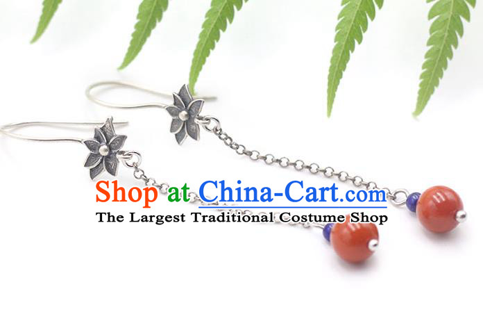 Handmade Chinese Traditional Agate Tassel Eardrop Classical Earrings Accessories Ethnic Silver Lotus Ear Jewelry