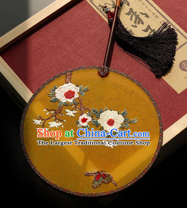 China Ancient Bride Ebony Fan Handmade Embroidered Fans Traditional Wedding Hanfu Yellow Silk Palace Fan