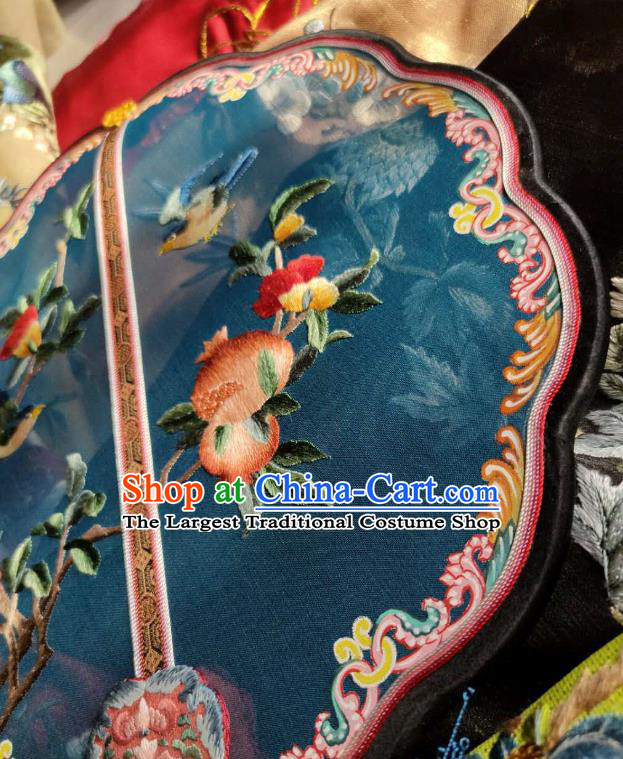 China Traditional Court Hanfu Fan Handmade Embroidered Pomegranate Palace Fan Wedding Blue Silk Fan