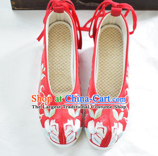 China Traditional Hanfu Bow Shoes National Wedding Red Cloth Shoes Embroidered Red Shoes
