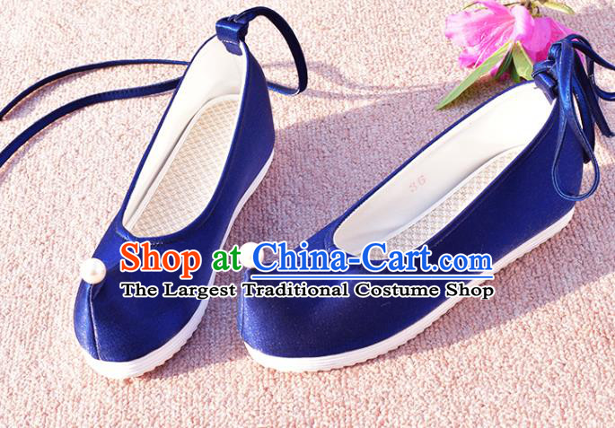 China National Women Bow Shoes Traditional Ming Dynasty Hanfu Shoes Ancient Princess Royalblue Shoes