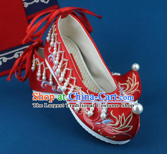 China Traditional Wedding Shoes Pearls Red Cloth Shoes Embroidered Phoenix Shoes