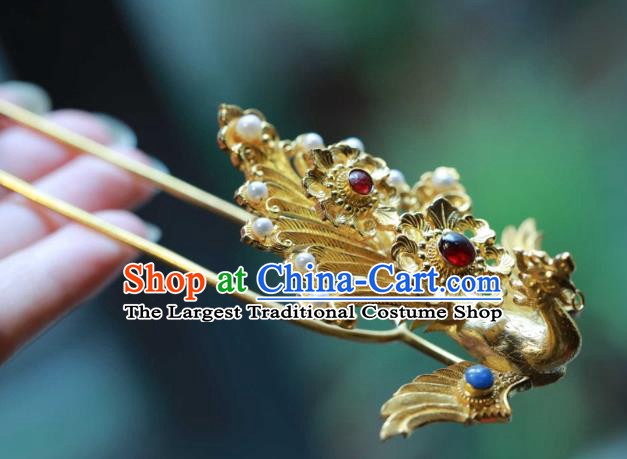 Chinese Traditional Ming Dynasty Gems Hair Crown Handmade Hair Accessories Ancient Empress Golden Phoenix Hairpin