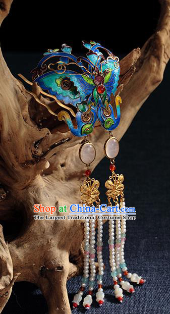 Chinese Ancient Empress Pearls Tassel Hairpin Traditional Qing Dynasty Blueing Butterfly Hair Stick