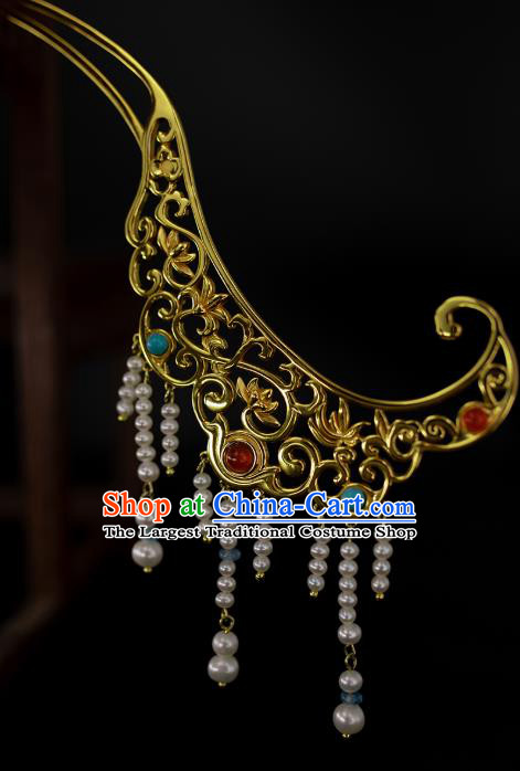 Chinese Handmade Pearls Tassel Hairpins Ancient Hanfu Hair Accessories Traditional Ming Dynasty Golden Hair Sticks