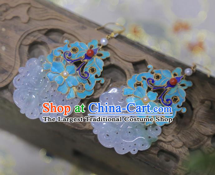 Chinese Qing Dynasty Pearls Earrings Traditional Jade Jewelry Ancient Empress Cloisonne Butterfly Ear Accessories
