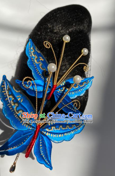 China Qing Dynasty Palace Lady Blue Butterfly Hairpin Ancient Empress Hair Stick