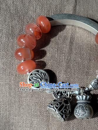 Handmade Chinese Agate Beads Wristlet Accessories National Bracelet Ethnic Silver Carving Bangle