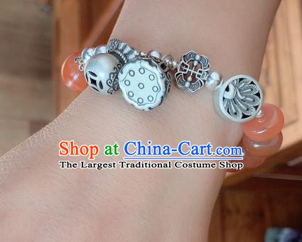 Handmade Chinese Agate Beads Wristlet Accessories National Bracelet Ethnic Silver Carving Bangle
