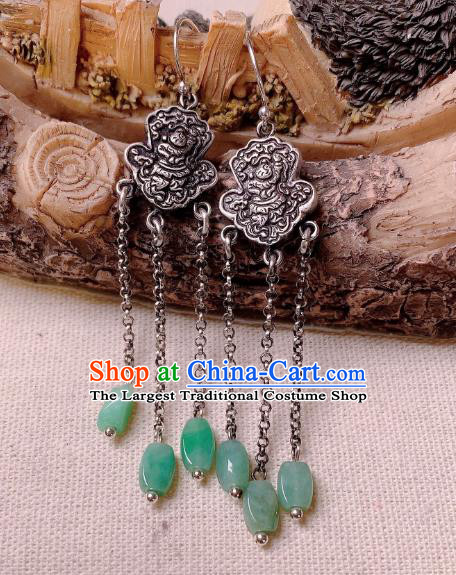 China National Silver Carving Earrings Traditional Cheongsam Jade Tassel Ear Jewelry Accessories