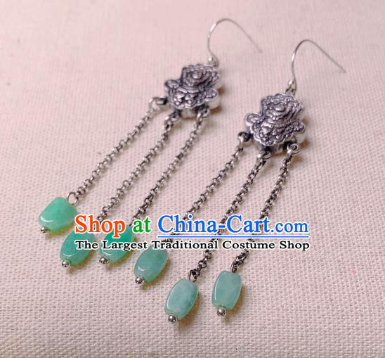 China National Silver Carving Earrings Traditional Cheongsam Jade Tassel Ear Jewelry Accessories
