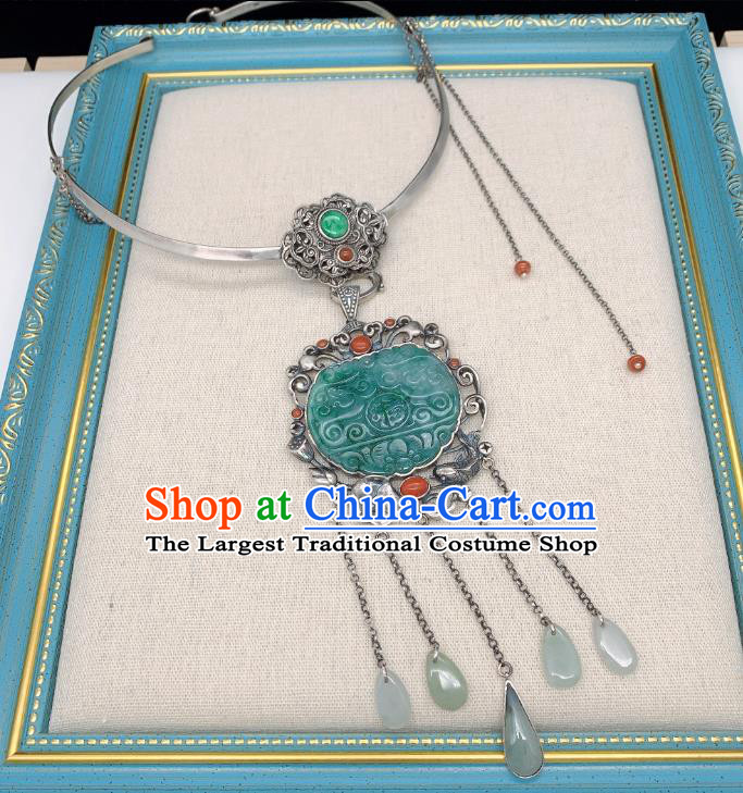 Handmade Chinese National Silver Tassel Necklet Pendant Jadeite Necklace Accessories