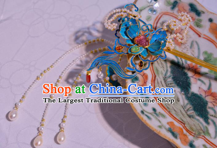 Chinese Traditional Hair Jewelry Pearls Tassel Hair Stick Ancient Qing Dynasty Empress Butterfly Hairpin