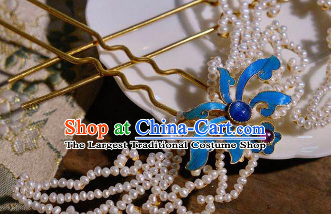 Chinese Traditional Hair Jewelry Pearls Hairpin Ancient Qing Dynasty Empress Blueing Lotus Hair Stick