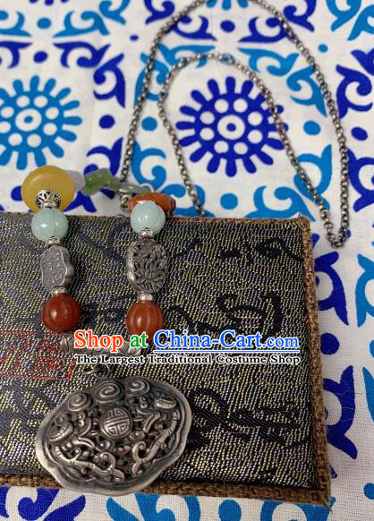 Handmade Chinese Wedding Silver Lock Necklace Accessories National Jade Gems Necklet Pendant