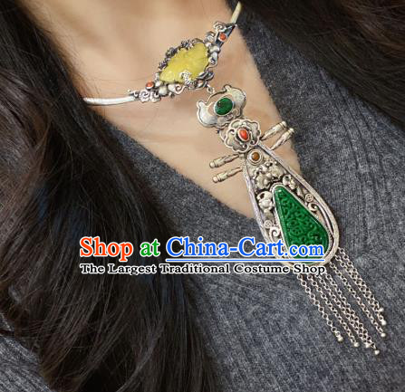 Handmade Chinese National Jade Carving Necklet Pendant Traditional Silver Lute Tassel Necklace Accessories