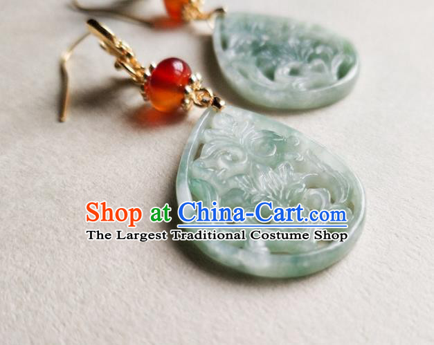 Chinese Traditional Jade Carving Lotus Ear Accessories Handmade Classical Cheongsam Earrings
