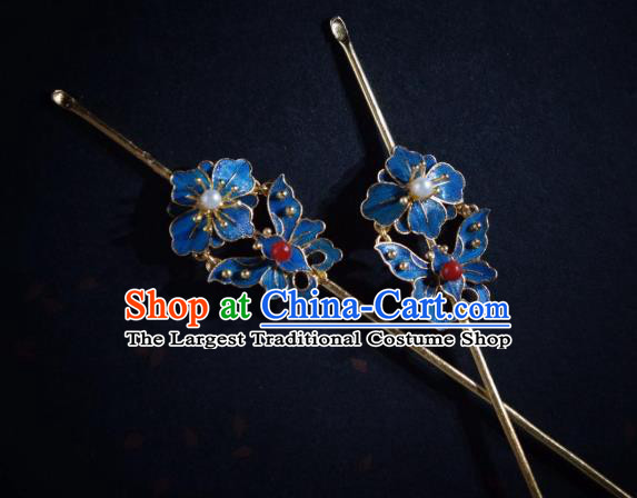 Chinese Qing Dynasty Pearl Hairpin Traditional Hair Jewelry Ancient Empress Blueing Butterfly Hair Stick