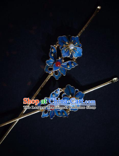 Chinese Qing Dynasty Pearl Hairpin Traditional Hair Jewelry Ancient Empress Blueing Butterfly Hair Stick