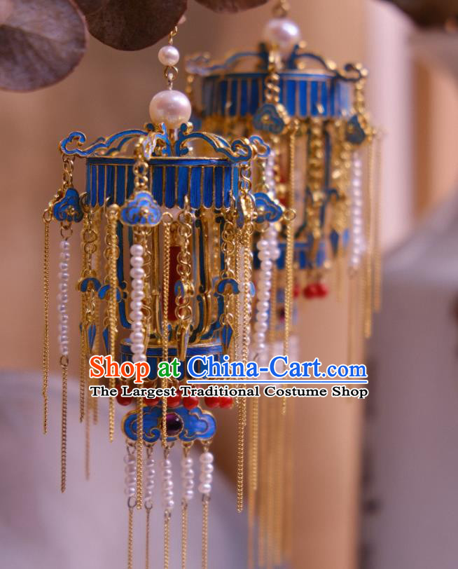 Chinese Ancient Qing Dynasty Pearls Tassel Ear Accessories Traditional Culture Jewelry Blueing Lantern Earrings