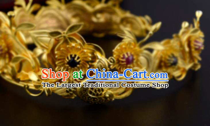China Ancient Queen Chaplet Handmade Traditional Ming Dynasty Empress Golden Peony Hair Crown