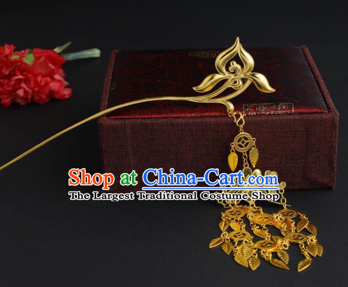 China Ancient Palace Princess Hairpin Handmade Traditional Ming Dynasty Golden Orchid Tassel Hair Stick