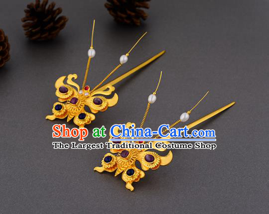 China Ancient Court Lady Ruby Hairpin Handmade Traditional Ming Dynasty Empress Golden Butterfly Hair Stick