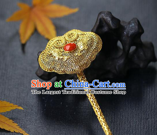China Ancient Empress Filigree Hairpin Handmade Traditional Ming Dynasty Ruby Hair Stick