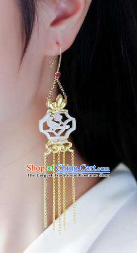 Chinese Handmade White Jade Ear Accessories Traditional Cheongsam Golden Orchid Tassel Earrings