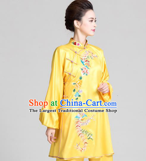 China Tai Chi Exercise Clothing Traditional Martial Arts Embroidered Phoenix Peony Yellow Satin Uniforms
