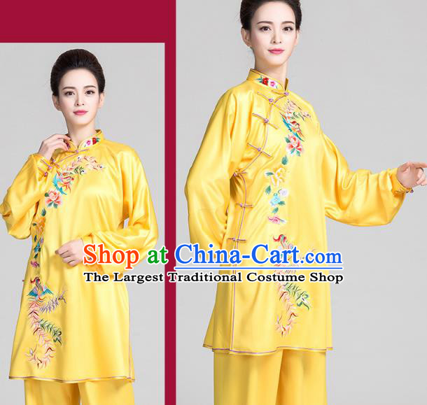 China Tai Chi Exercise Clothing Traditional Martial Arts Embroidered Phoenix Peony Yellow Satin Uniforms