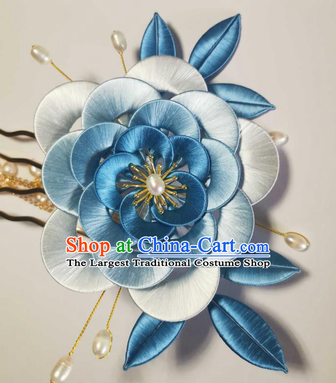 Chinese Handmade Blue Silk Camellia Hairpin Ancient Song Dynasty Princess Hair Comb Traditional Hair Jewelry