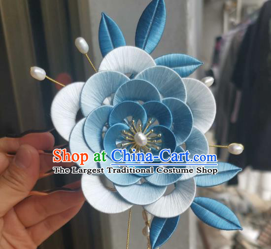Chinese Handmade Blue Silk Camellia Hairpin Ancient Song Dynasty Princess Hair Comb Traditional Hair Jewelry