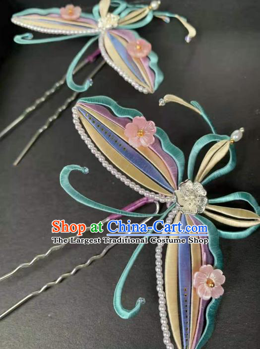 China Traditional Hair Accessories Song Dynasty Pearls Hairpin Handmade Ancient Princess Silk Dragonfly Hair Stick