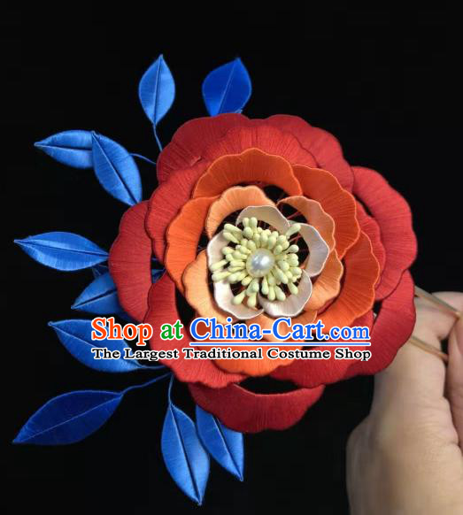 China Handmade Ancient Princess Silk Hair Stick Traditional Hair Accessories Song Dynasty Red Camellia Hairpin