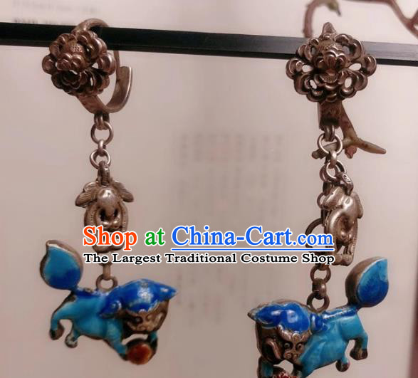 Chinese National Blueing Lion Earrings Traditional Jewelry Handmade Silver Ear Accessories