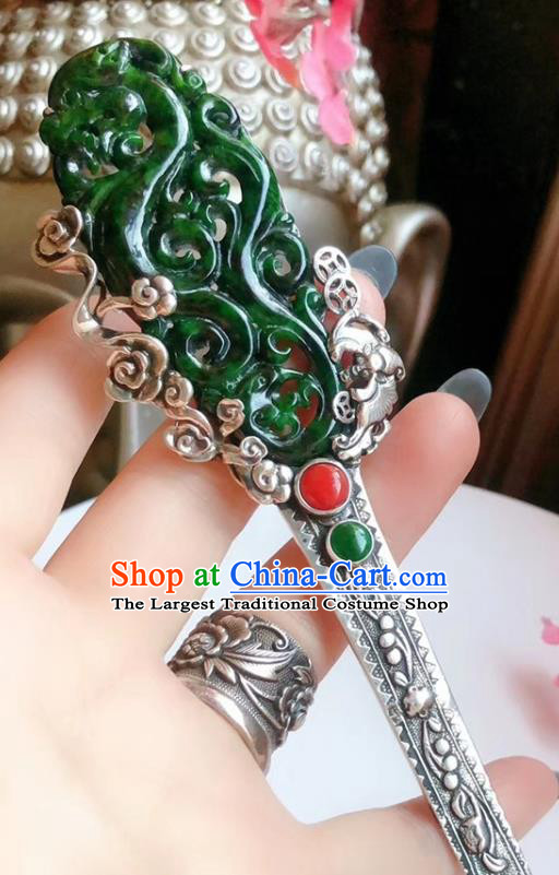 China Traditional Jadeite Dragon Hairpin Hair Accessories Handmade Qing Dynasty Silver Hair Stick