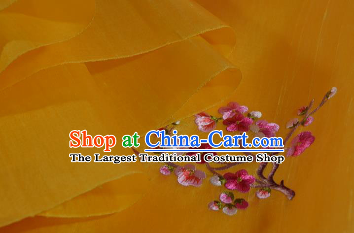 Chinese Traditional Hanfu Dress Yellow Silk Fabric Embroidered Plum Blossom Silk Material