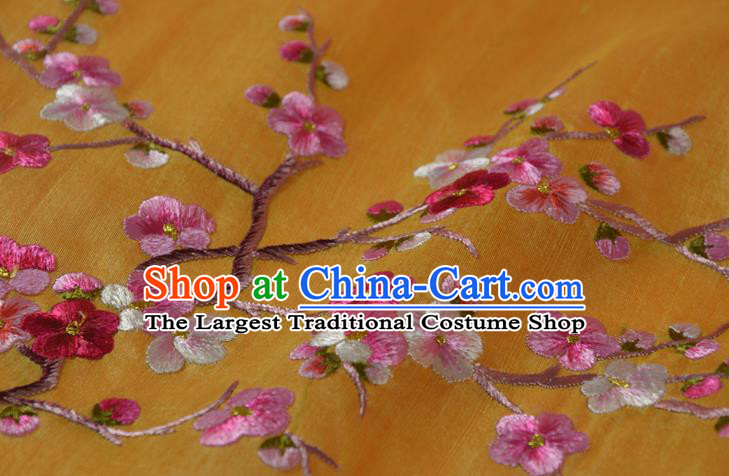 Chinese Traditional Hanfu Dress Yellow Silk Fabric Embroidered Plum Blossom Silk Material
