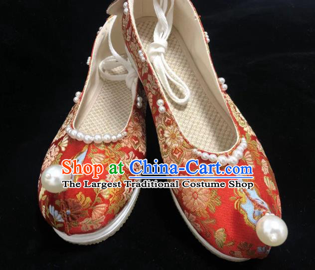 China Handmade Wedding Red Brocade Shoes Hanfu Shoes Traditional Ancient Ming Dynasty Princess Shoes