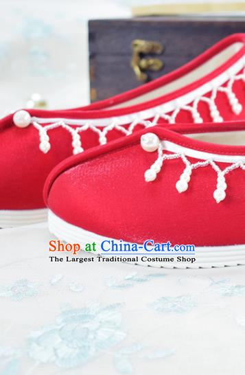 China National Women Beads Tassel Shoes Traditional Hanfu Shoes Wedding Red Satin Shoes