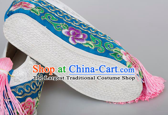 China Traditional Peking Opera Actress Embroidered Peony Shoes Ancient Rich Lady Blue Satin Shoes