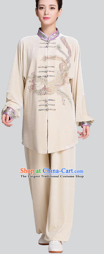 China Traditional Diamante Phoenix Beige Pleuche Uniforms Kung Fu Tai Chi Clothing