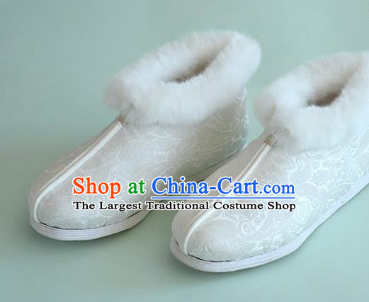 China Traditional Hanfu White Brocade Short Boots National Winter Women Cotton Padded Shoes