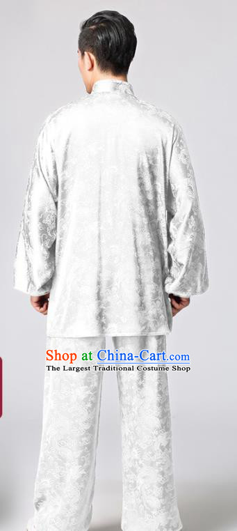 Chinese Traditional Dragon Pattern White Silk Costumes Kung Fu Uniforms for Men