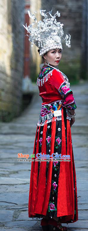 Chinese Miao Nationality Stage Performance Clothing Xiangxi Hmong Ethnic Bride Red Outfits and Silver Headwear