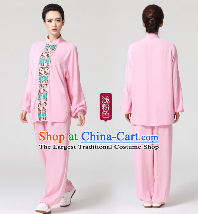 China Tai Chi Competition Pink Flax Uniforms Traditional Martial Arts Embroidered Clothing