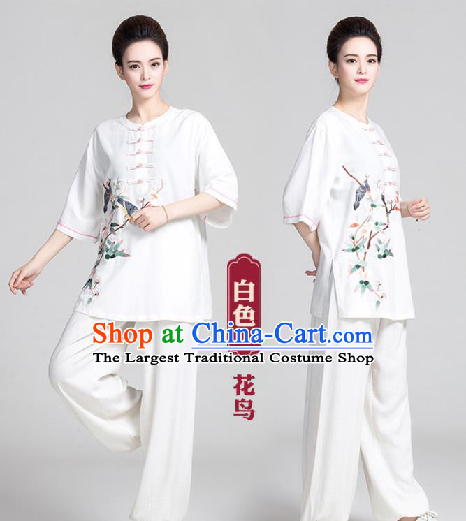 China Women Martial Arts Clothing Kung Fu Printing Flowers Bird White Uniforms Traditional Tai Chi Costume