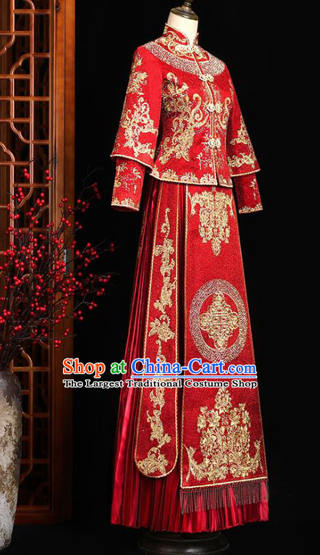 Chinese Classical Bride Embroidered Costumes Xiuhe Suit Drilling Outfits Traditional Wedding Toast Clothing
