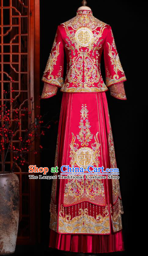 Chinese Traditional Xiuhe Suit Drilling Red Outfits Wedding Embroidered Clothing Classical Bride Toast Costumes